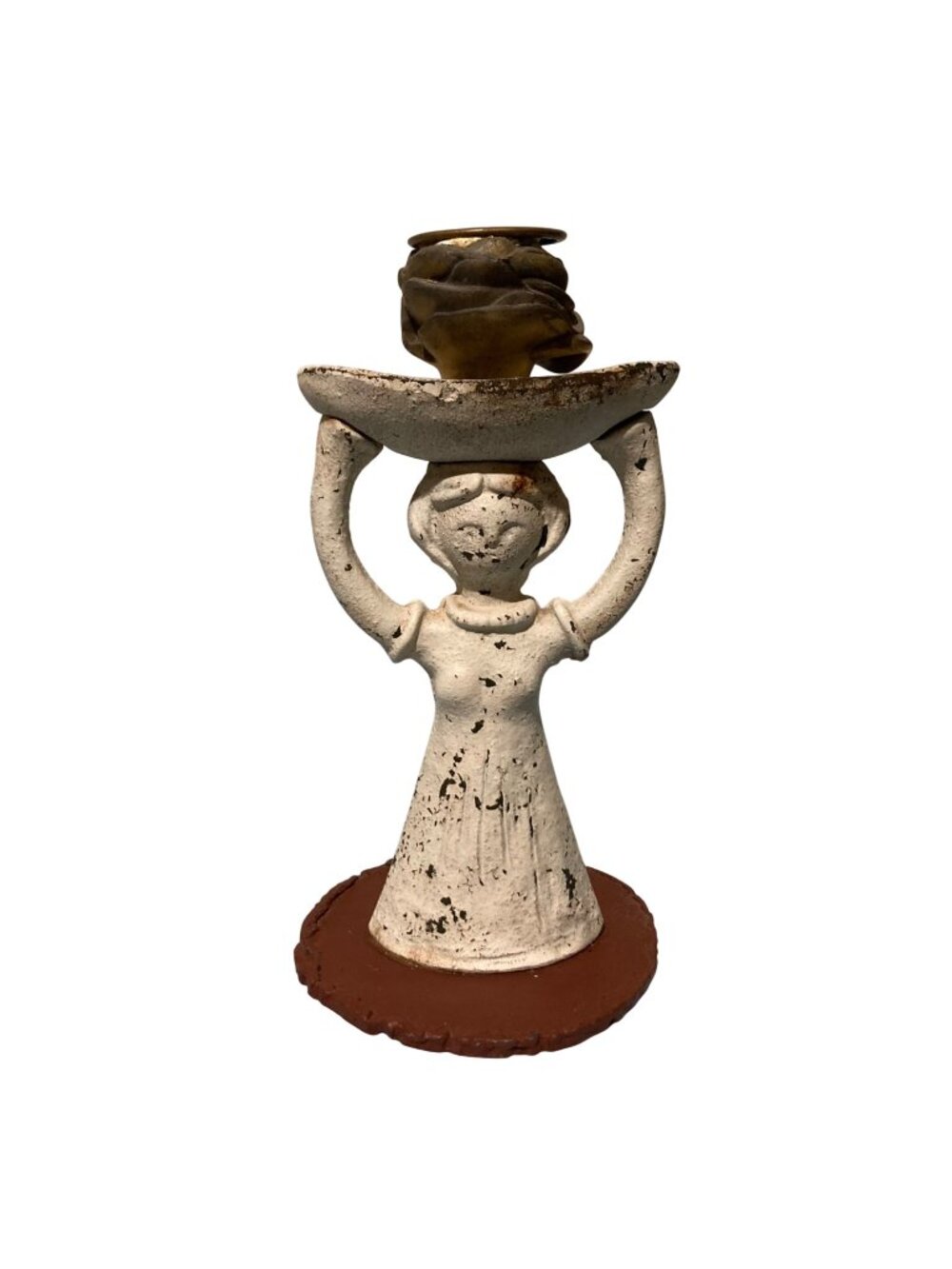Old Chippy Rusty Cast Iron Scandinavian Style Candle Holder Girl With Basket